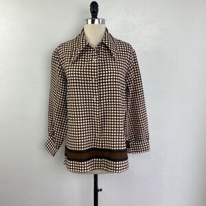 Vintage 70s Graff Polka Dot Blouse Large Brown Crepe Button Front Long Sleeves
